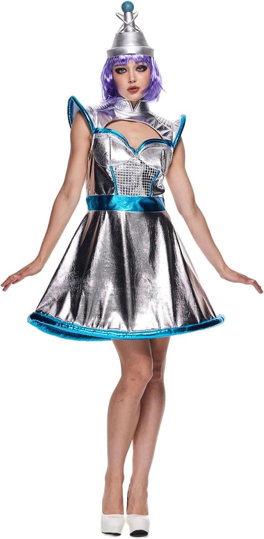 EraSpooky Women's Sexy Space Alien Costume Vintage Adult Shiny Metallic Robot Dress with Hat