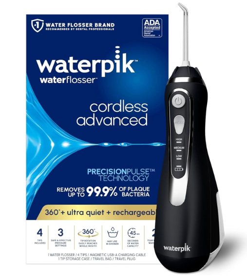 Waterpik Cordless Advanced 2.0 Water Flosser For Teeth, Gums, Braces, Dental Care With Travel Bag and 4 Tips, ADA Accepted, Rechargeable, Portable, and Waterproof, Black WP582