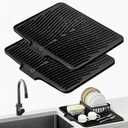 TIKNIK Silicone Dish Drying Mat, Stone Drying Mat for Kitchen Counter with Built-In Drain, Non-Slip Drain Pad with Built-in Drain, Heat Resistant Stone Drying Mat, Hangable, Black-2pcs, 20" x 15"