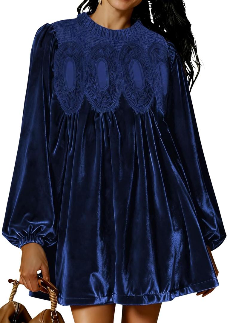 Womens A-Line Velvet Lace Overall Pleated Swing Babydoll Casual Skirtall Scallop Neck Flared Wedding Mini Dress, XL