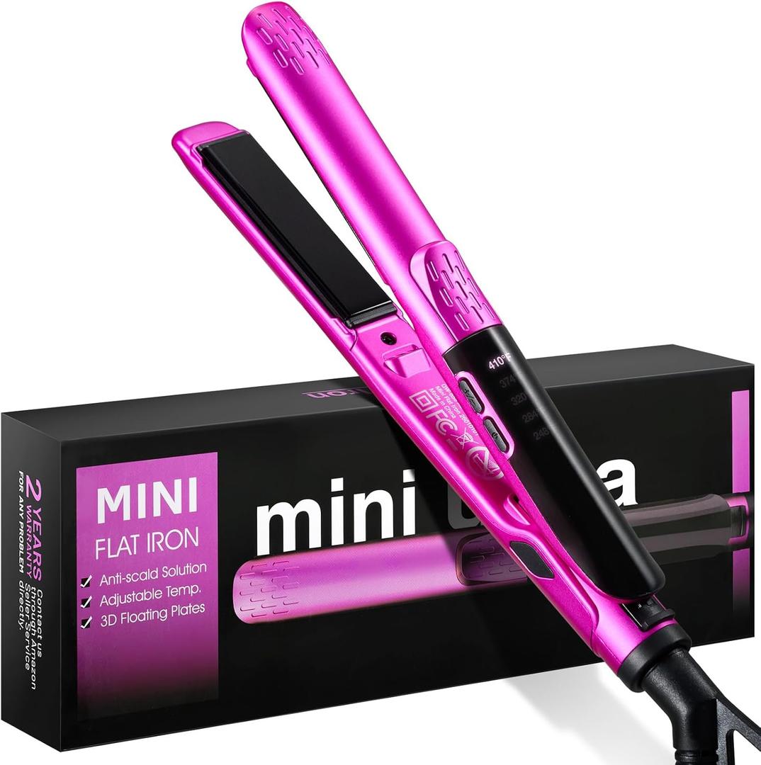 ORYNNE Mini Flat Iron 1/2 Inch with 5 Adjustable Temperatures, Tourmaline Ceramic Small Hair Straightener for Short Hair, Bangs, Beard, Pixie, Edge - Dual Voltage Travel Curling Iron, Auto-Off (Rose Red)
