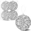 4 Pcs 4 Inch Christmas Ball Ornaments Glitter Sequin Ball Large Silver Christmas Tree Decorations Xmas Hanging Balls for Home New Year Holiday Indoor Outdoor Party Decor (4, Silver, 4 Inch)