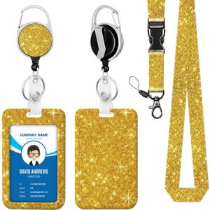Lanyard for ID Badge Holder Badge Reel Gold Glitter for Man Women Cute Nurse Teacher Name Tag Clip Retractable Keychain Heavy Duty Work Office Gifts Accessories