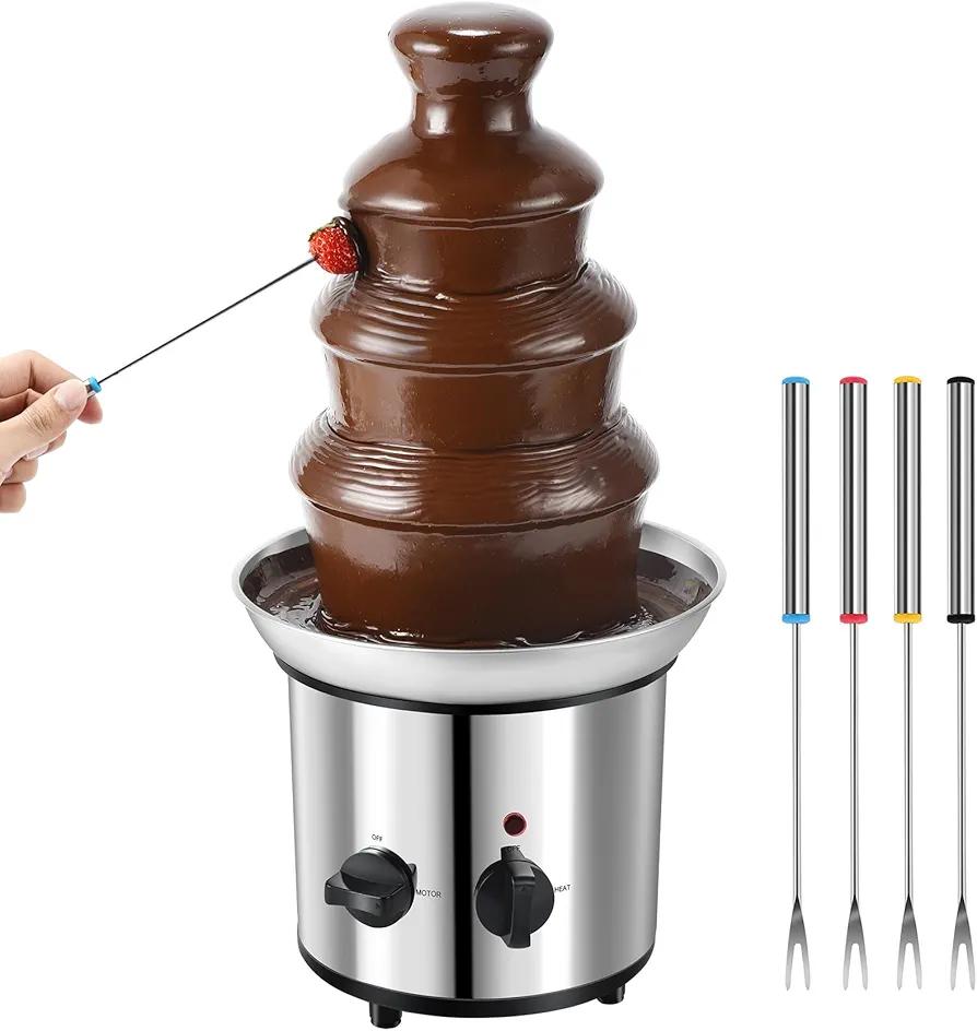 Chocolate Fountain, 4 Tiers Electric Melting Machine Fondue Fountain Set with 6pieces Stainless Steel Forks, 4-Pound Capacity for Nacho Cheese, BBQ Sauce, Ranch