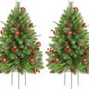KING BIRD 2 Set 30 Inch Outdoor Christmas Tree, Pre-Lit LED Christmas Porch Decorations Outdoor Tree, 260 Branch Tips Lush, Pine Cones, Red Berries and Red Ball