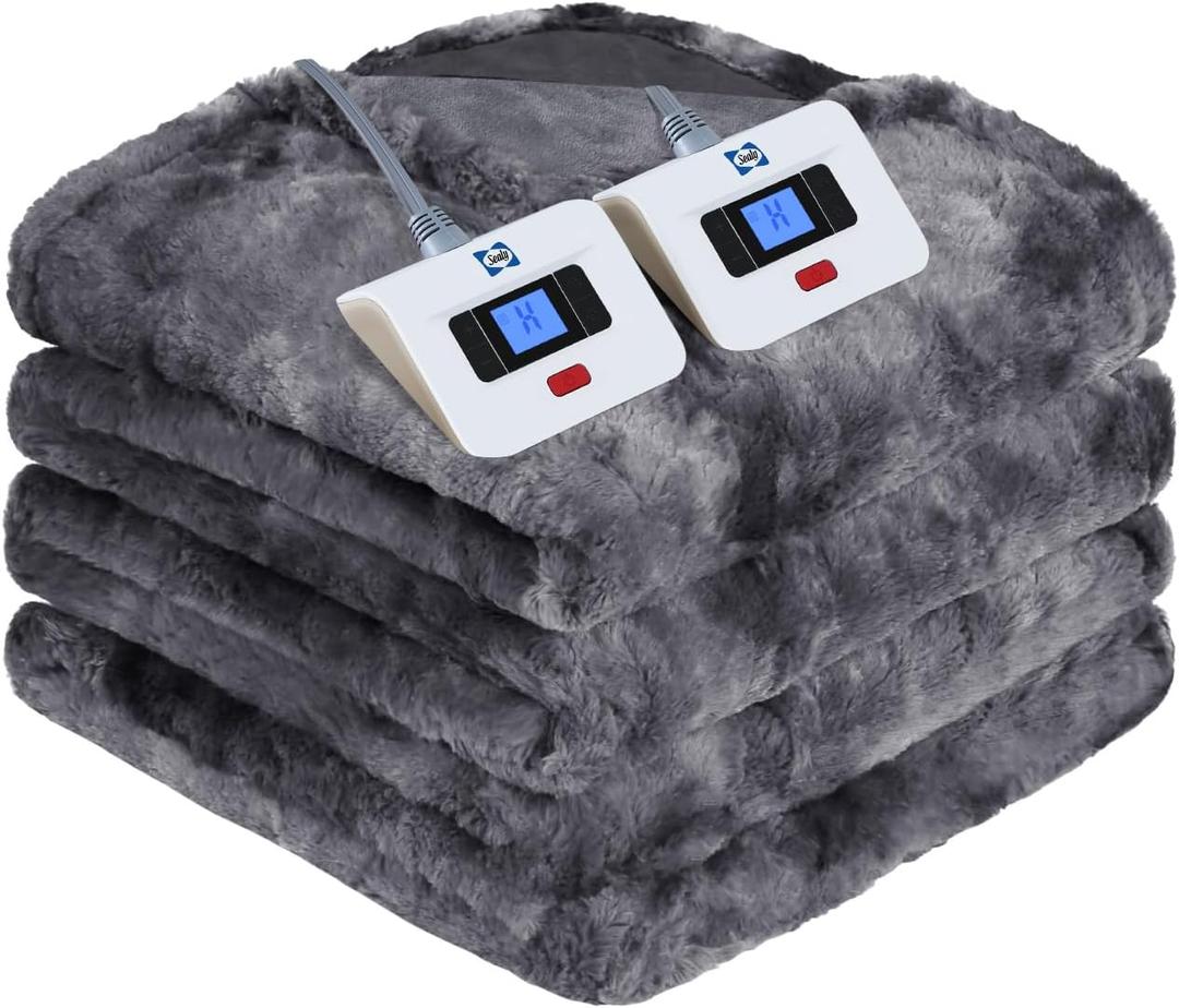 Sealy Electric Blanket Queen Size, Faux Fur & Flannel Heated Blanket with 10 Heat Setting & 1-12 Hour Auto Shut Off, Fast Heating Blanket, Machine Washable, Grey, 84 x 90 Inch