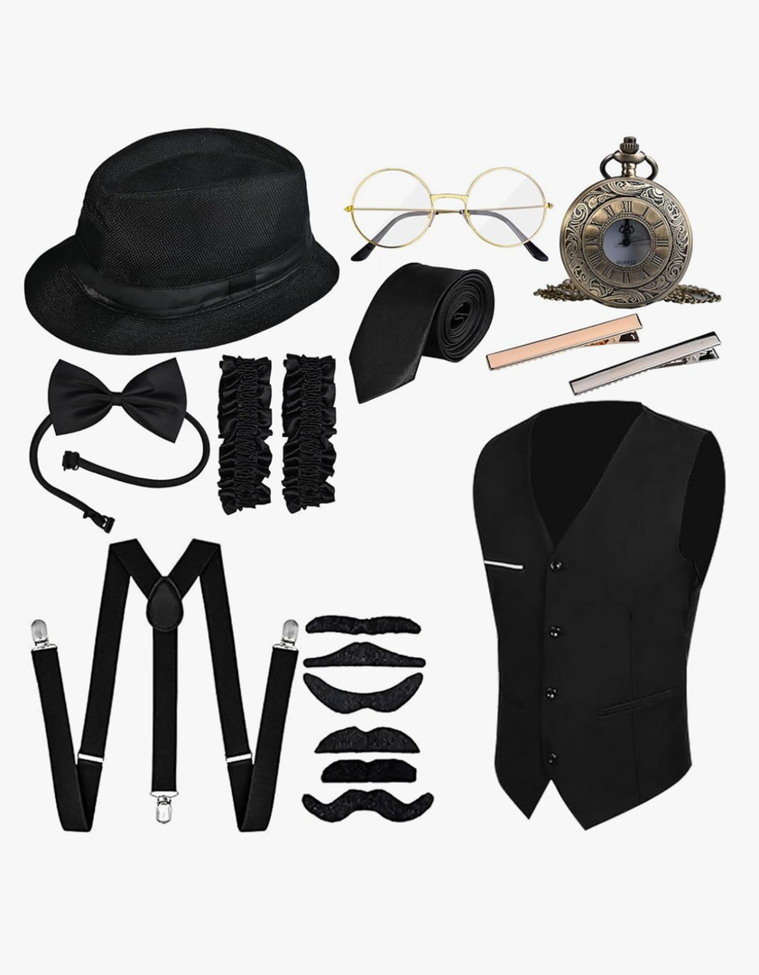 GOLDGE Gatsby-inspired 1920s Men's Costume Set with Gangster Vest, Pocket Watch, Hat, Suspenders Accessories for Halloween Cosplay or Retro Parties Size L