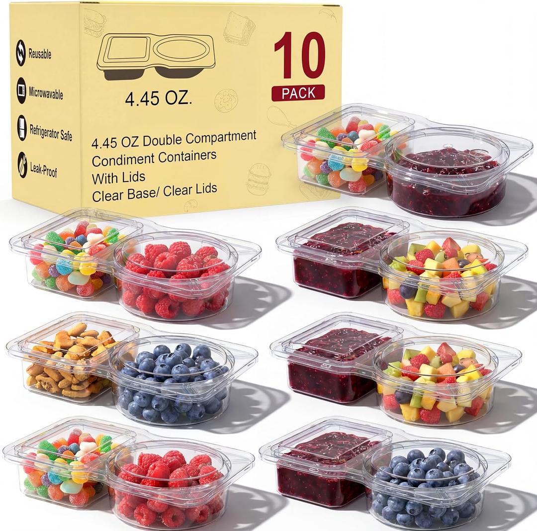 Reusable Snack Containers & Snack Pack Containers 2 Compartment Meal Prep Containers with Lids, Double Condiment Containers, Portable Snackle Box (10 Set)