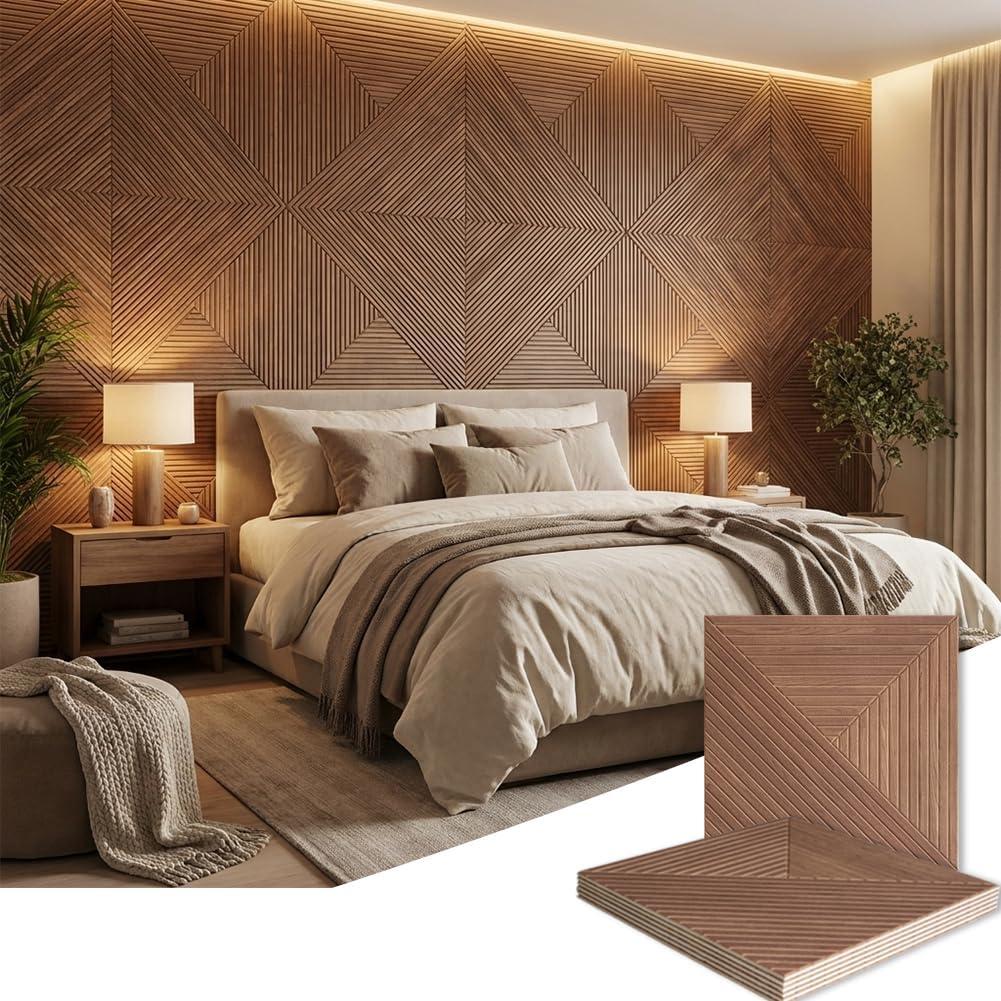6 Pack Acoustic Wood Wall Panels, 23.6x23.6 Inch Sound Absorbing Panels with Full Adhesive Backing, Decorative Peel and Stick for Recording Studio & Home Office(Red Brown Walnut), 24X24