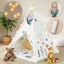 Teepee Tent for Kids with Lights, Kids Play Tent Indoor with Thicked Mat & Dream Catcher, Toddler Tent with Storage Pockets and Mesh Window for Reading Nook and Imaginative Games (White)