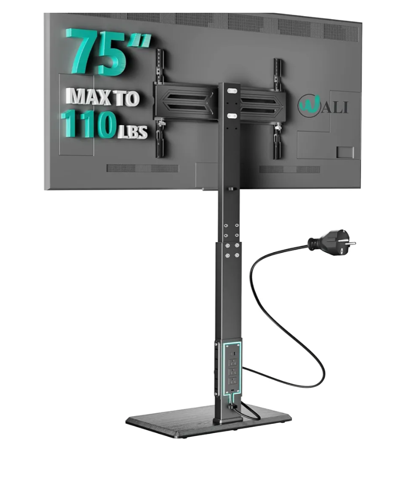 WALI Floor TV Stand with Power Outlet, Tall TV Stand Mount for 32-75 inch TV up to 110 lbs, Swivel and Height Adjustable TV Stands with Wood Base for Bedroom, Office(TVDVD-7P), Black