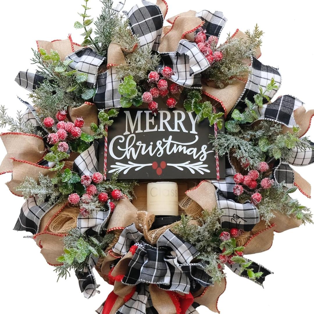 Christmas Mesh Wreath with Ribbon Bowknot Frost Berries Leaves 16 Inch Artificial Wreath for Front Door Winter Xmas Home Indoor Outdoor Decor