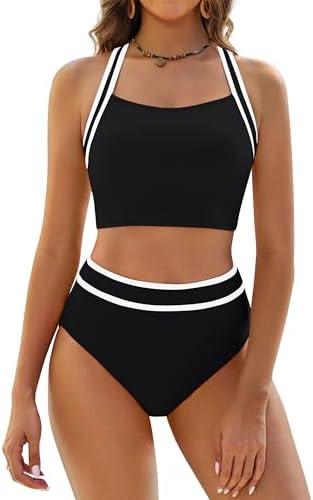 BMJL Women's High Waisted Bikini Sets Two Piece Swimsuits Sporty Tummy Control Bathing Suit Color Block Swim Suit L