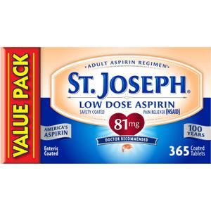 St. Joseph Aspirin Pain Reliever (NSAID) 81mg, Enteric Safety Coated, Adult Low Dose Aspirin, 365 ct (1 Year Supply)
