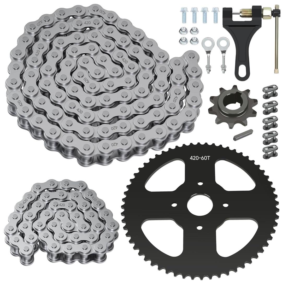 420 Chain + Mini Bike Sprocket 60T Kit Replacement for Coleman CT200U BT200X CT200U-EX Baja Warrior TrailMaster MB200 Axis M200 Predator 212 196cc 200cc Powersports Parts 90 Links + 42 Links