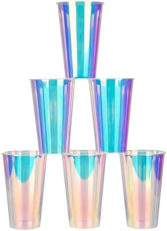 AimFun 18 Iridescent Plastic Cups Holographic Clear Party Cups 16oz Rainbow Disposable Cups for Bachelorette Birthday Wedding Mermaid Party Beverage Drinkware Supplies (25, 16oz)