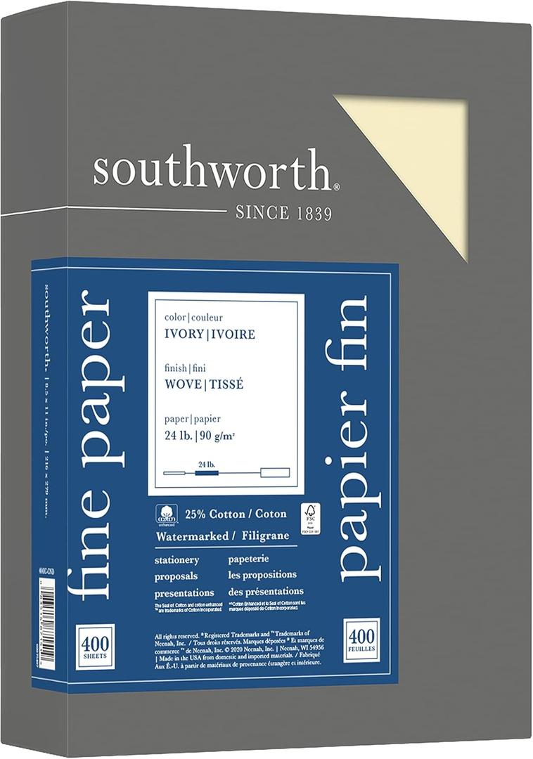Southworth 25% Cotton Business Paper, 8.5 x 11", 24 lb/90 GSM, Wove Finish, Ivory, 500 Sheets (404IC)