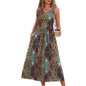 OFEEFAN Summer Dresses for Women 2026 Flowy Casual Midi Dress V Neck Beach Vacation Sundresses with Pockets (XL)