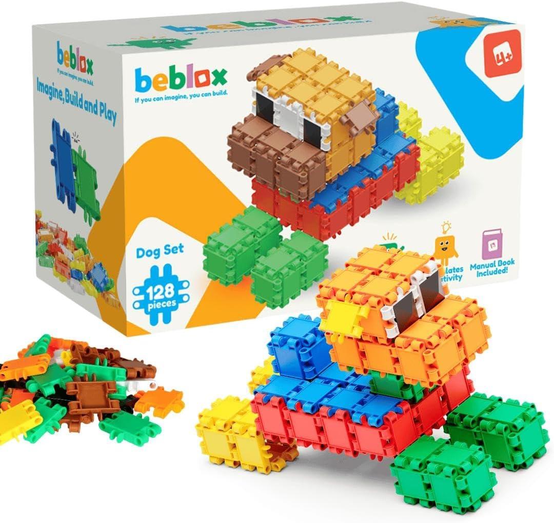 Beblox Building Blocks for Kids  Dog Set  128Piece Connecting Tiles  Interlocking Building Blocks for Kids, STEM Toys Kit, Fun & Educational for Boys & Girls, Preschool Learning Activities Ages 4+