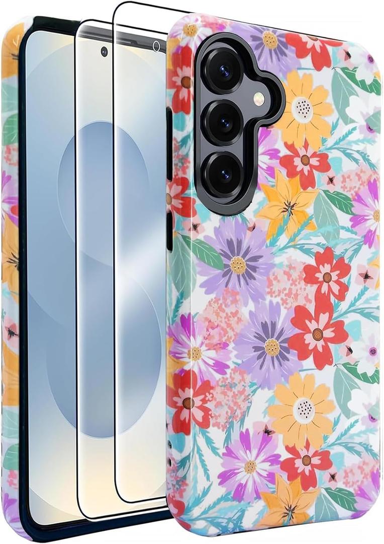 J.west Compatible with Samsung Galaxy S25 Case 6.2 inch with 2 Pack Tempered Glass Screen Protectors Cute Floral Flowers Hybrid Cover for Girls Women Aesthetic Protective Phone Cases Pink Spring
