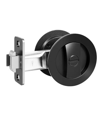 DPB Pocket Door Hardware with Lock, Privacy Door Handles with Adjustable Latch, Embedded Double-Sided Folding for 2-3/8" Backset and 1 3/8”to 2 3/16”Thickness Door (Lock but No Key, Black Round, 1Pcs)