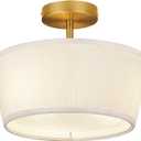 Gold Semi Flush Mount Ceiling Light Fixture,3-Light Ceiling Mount Drum Light Fixture with White Fabric Shade,12.6inch Modern Close to Ceiling Lamps for Living Room, Bedroom, Dining Room,Hallway