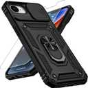 Weycolor for iPhone 16e Case with Camera Lens Cover, HD Screen Protector, 10 FT Military Grade Drop Protection, Magnetic Ring Holder Kickstand Protective Phone Case, Black