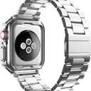 Compatible with Apple Watch Band and Case, Stainless Steel Metal Chain with Soft TPU Cover, Smart-Watch Link Bracelet Strap, Wrist-Band for i-Watch Series 9 8 7 6 5 4 3 2 1 SE, 45mm 44mm 42mm, Silver