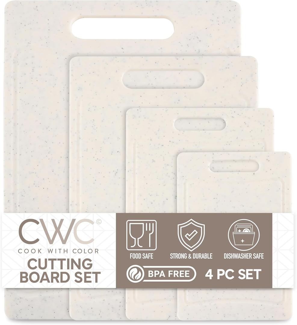 COOK WITH COLOR Non-Slip Cutting Board Set  Kitchen Essentials with Easy Grip Handle for Meat, Veggies, and Fruits, 4 Cutting Boards, White