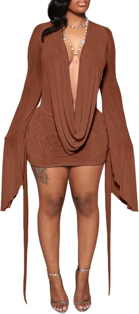 SHINFY Women Sexy Backless Mini Dress Draped Mesh Cowl Neck Long Sleeve Swing Going Out Birthday Dresses (Brown, Small)