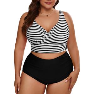 Eytino Womens Plus Size Bikini Sets High Waisted V Neck Bahting Suits Two Piece Color Block Swimsuits(1X-5X) (3X, Striped)