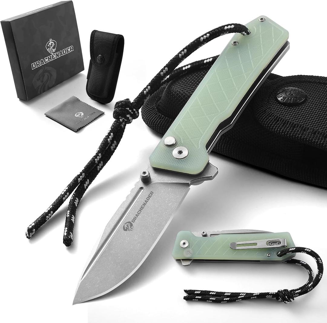 DRACHENADER Large Pocket Knife for Men IE-BR, 7.83" Folding Knife with Natural White Stonewashed 14C28N Steel Blade, G10 Handle, Pocket Clip and Nylon Sheath for EDC Camping and Survival