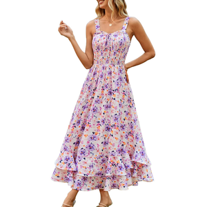 GRACE KARIN Women's 2025 Summer Boho Floral Printed Spaghetti Strap Tie Front V Neck Ruffle A Line Swing Beach Dresses Large