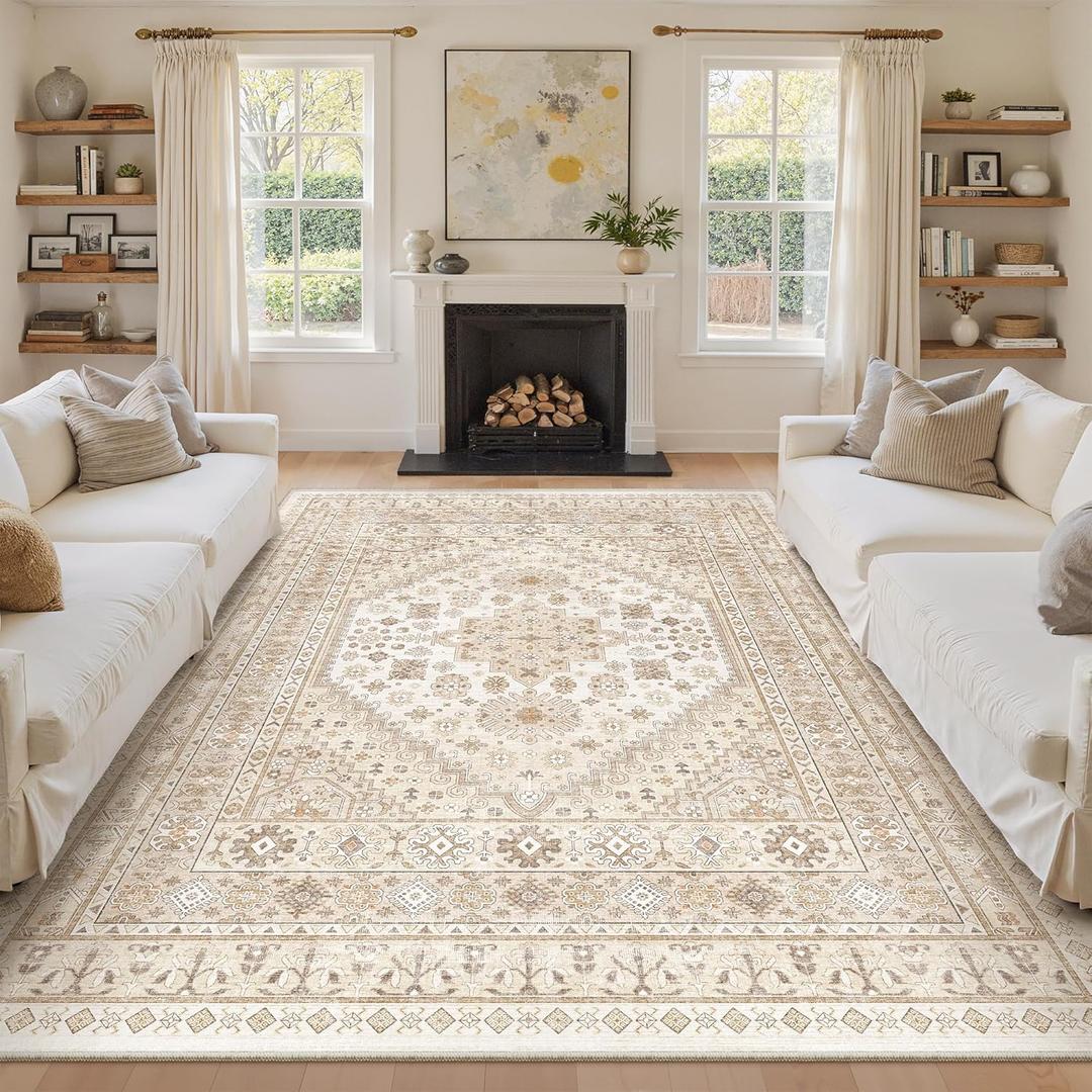 Zesthome 8x10 Area Rugs for Living Room,Non-Slip Backing Washable Rugs,Vintage Large Area RugStain Resistant Home Decor Rug (Cream/Beige)