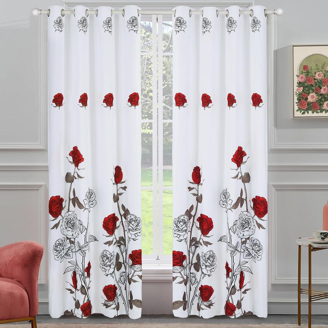 EVENHUG Red Rose Curtains Floral Window Curtain Panels Drapes for Bedroom and Living Room (Pack of 2, 55" W x 84" L)