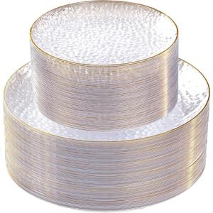 SUT 100Pcs Clear Plastic Plates, Hammered Plates Disposable Heavy Duty, Clear Disposable Plates With Gold Rim, Fancy Plastic plates Include 50 Dinner plate and 50 Dessert plate for Wedding