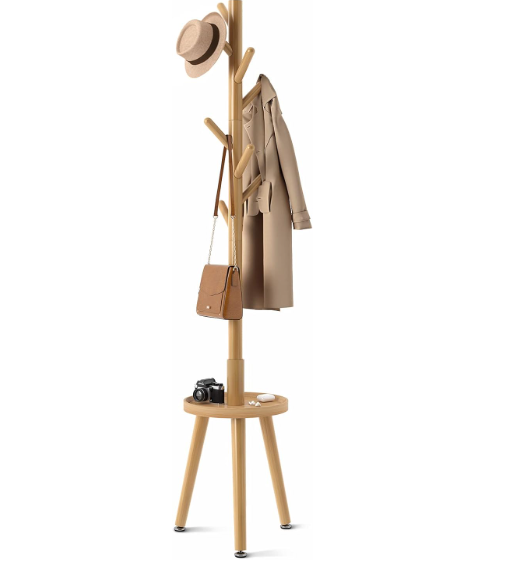 GREENSTELL Coat Rack with 8 Hooks, Wooden Coat Rack Freestanding with Shelf, Coat Tree with 4 Height Options 50.5"72.6", Coat Hanger Stand for Bags, Clothes, Umbrellas, Hats, in Home, Natural