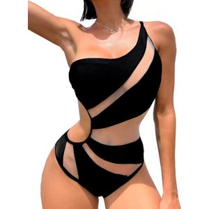 Swmmer Liket Women's Sexy One Piece Bathing Suits One Shoulder Black Swimsuits Monokini Slimming Mesh Swimwear