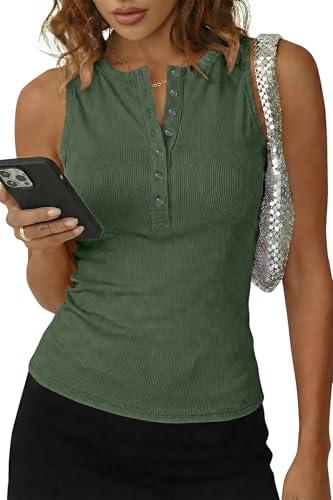 Cicy Bell Womens Henley Tank Tops Slim Fit Summer Casual Sleeveless T Shirts Going Out Ribbed Basic Tee Tops Army Green, S