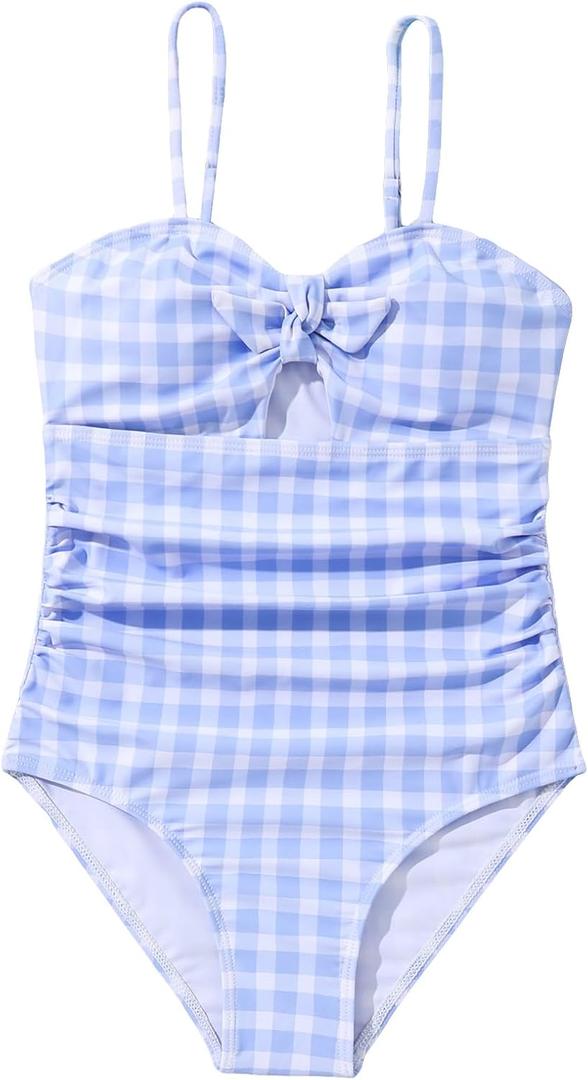 Floerns Girl's Gingham Print Ruched Cut Out Knot Front One Piece Swimsuit (Blue and White) 11-12Y
