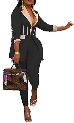 Recious Womens Sexy 2 Pieces Denim Printed Zipper Jackets Bodycon Pants Party Clubwear Tracksuit Outfits Set (Black, XL)