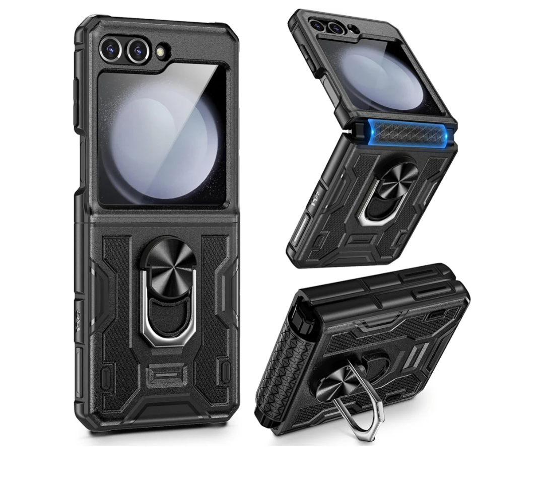 VEGO for Z Flip 5 Case, Samsung Flip 5 Case with 360° Rotate Ring Stand & Hinge Protection, Screen Protector, Drop Proof Full Body Cover Case for Samsung Galaxy Z Flip 5 - Black