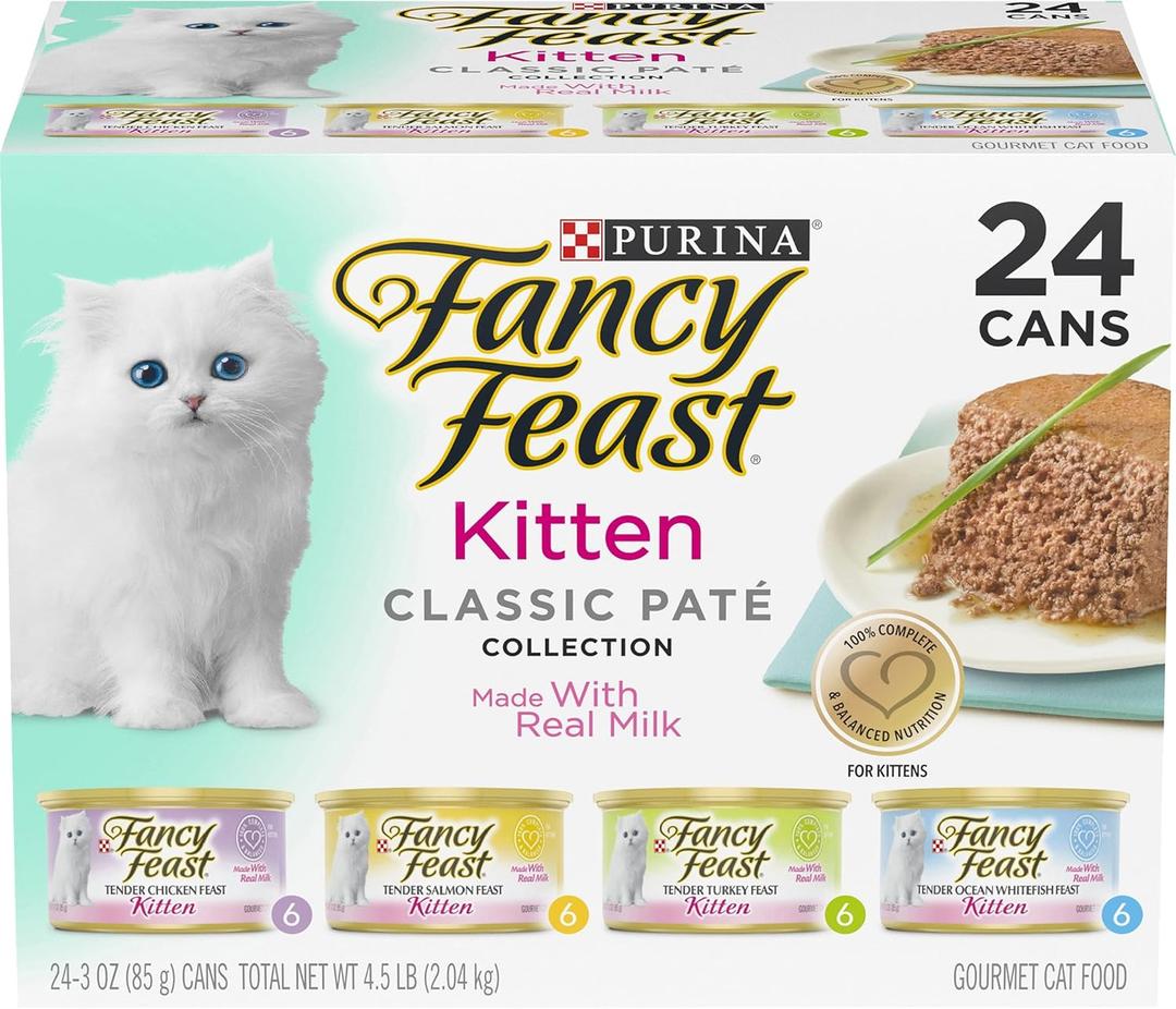 Purina Fancy Feast Tender Ocean Whitefish, Turkey, Chicken and Salmon Feasts Wet Kitten Food Variety Pack - (Pack of 24) 3 oz. Boxes BB 10/2027