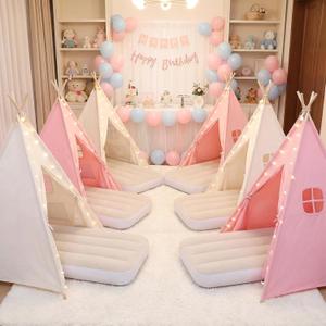 wilwolfer 6 Pack Kids Teepee Tent Bulk and Inflatable Airbed & Light, Natural Toddler Play Tent for Girls Boys Indoor Sleepover Slumber Party Birthday Gifts(Pink, White)