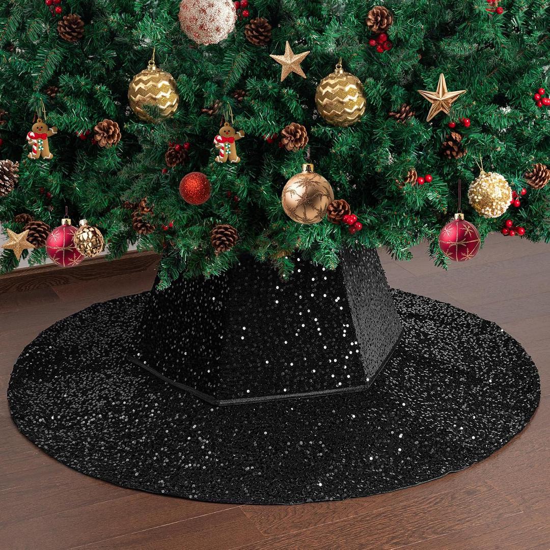 Mr. Pen- Sequin Christmas Tree Skirt and Tree Collar, 36 Inch Sparkly Base Cover, 24.8 Inch Foldable Sparkling Sequin Trees Skirt Collar, Black Christmas Tree Skirt Black Sequin Tree Skirt
