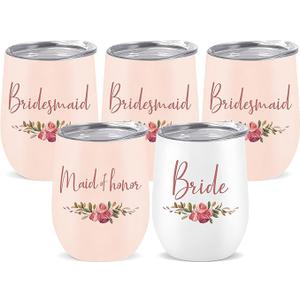 CARAKNOTS Bridesmaid Proposal Gifts Bridesmaid Cups Set of 5 Wedding Tumbler for Bridal Shower Engagement Bachelorette Party Favor Maid Pink Stainless Steel Wine Tumbler with Lid and Straw 12 oz