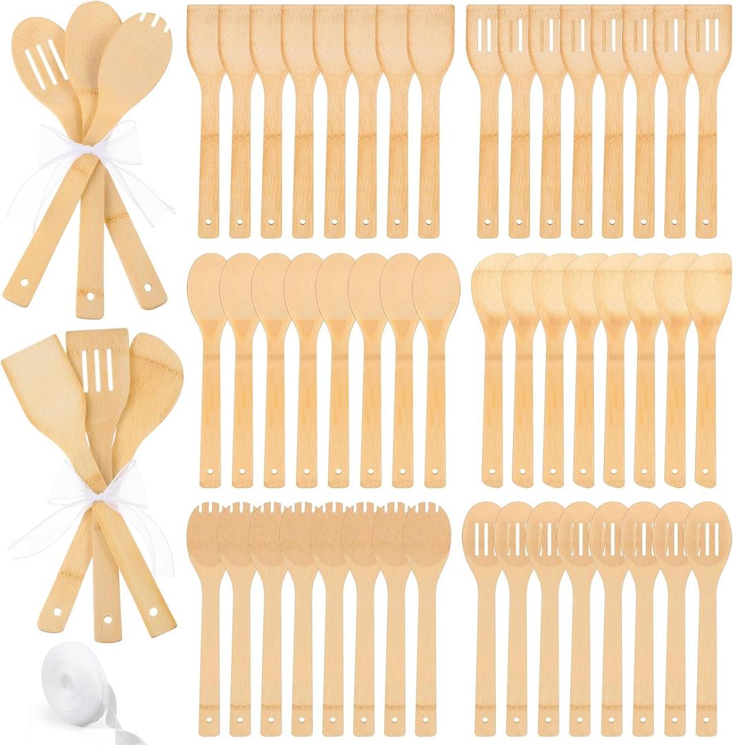72 Pcs Bamboo Spatula Wooden Kitchen Utensil Bulk 12''wood Spoon Spatula for Cooking with Ribbon Bridal Baby Shower Game Prize Wedding Party Favors Housewarming Gift (Various Style)