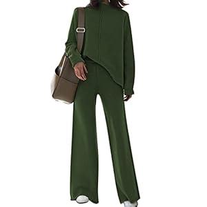 AOHITE Women's Knit Sweatsuit Turtleneck Sweater Top Wide Leg Pants 2 Piece Outfits Dark Green Large