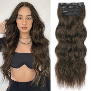 ALXNAN Clip in Hair Extensions for Women,Chocolate Brown with Dark Brown Long Wavy Hair Extensions Clip Ins 4PCS 20 Inch Synthetic Soft and Natural Thick Hair Pieces for Women