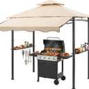 CHARMELEON 8x8 FT Grill Gazebo, Grill Canopy with Big Awning&2 Side Shelves&6 Hooks&Bottle Opener, Powder-Coated Steel BBQ Shelter for Patio Backyard Outdoor Grilling-Beige